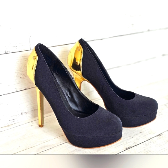 Colin Stuart Stunning Black & Gold High Heels Shoes Dressy Formal Size 8.5B - Picture 2 of 11